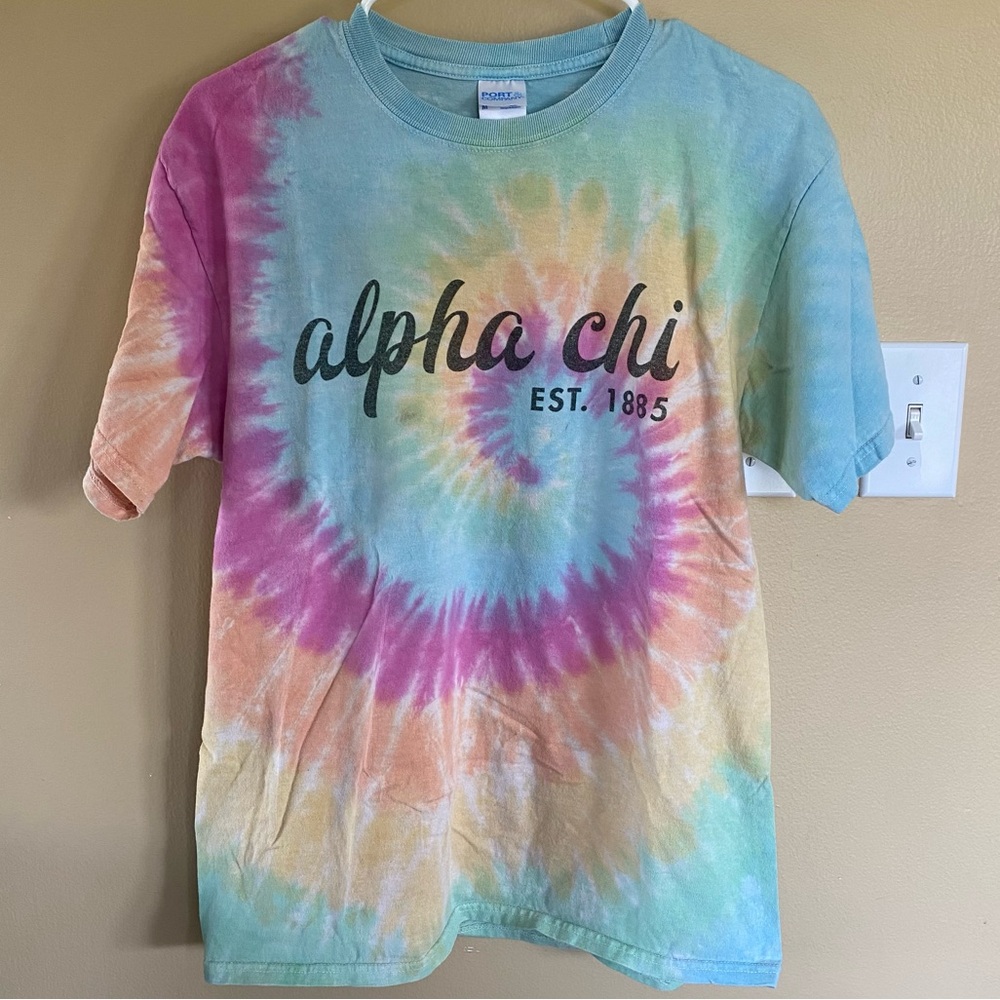 Rainbow tie dye Alpha Chi Omega graphic short sleeve tee